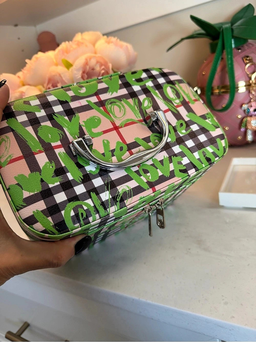 Graffiti Plaid Train Case Cosmetic Case in Green and checkered plaid NEW FRESH! - Picture 7 of 16